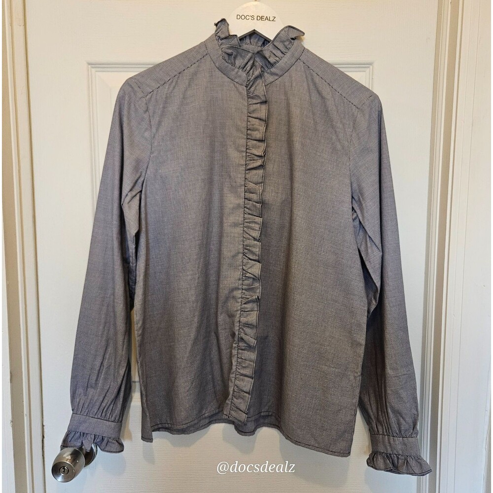 Bonpoint Button Up Bree Blouse Long-Sleeve Gingham Navy and White Women's Medium